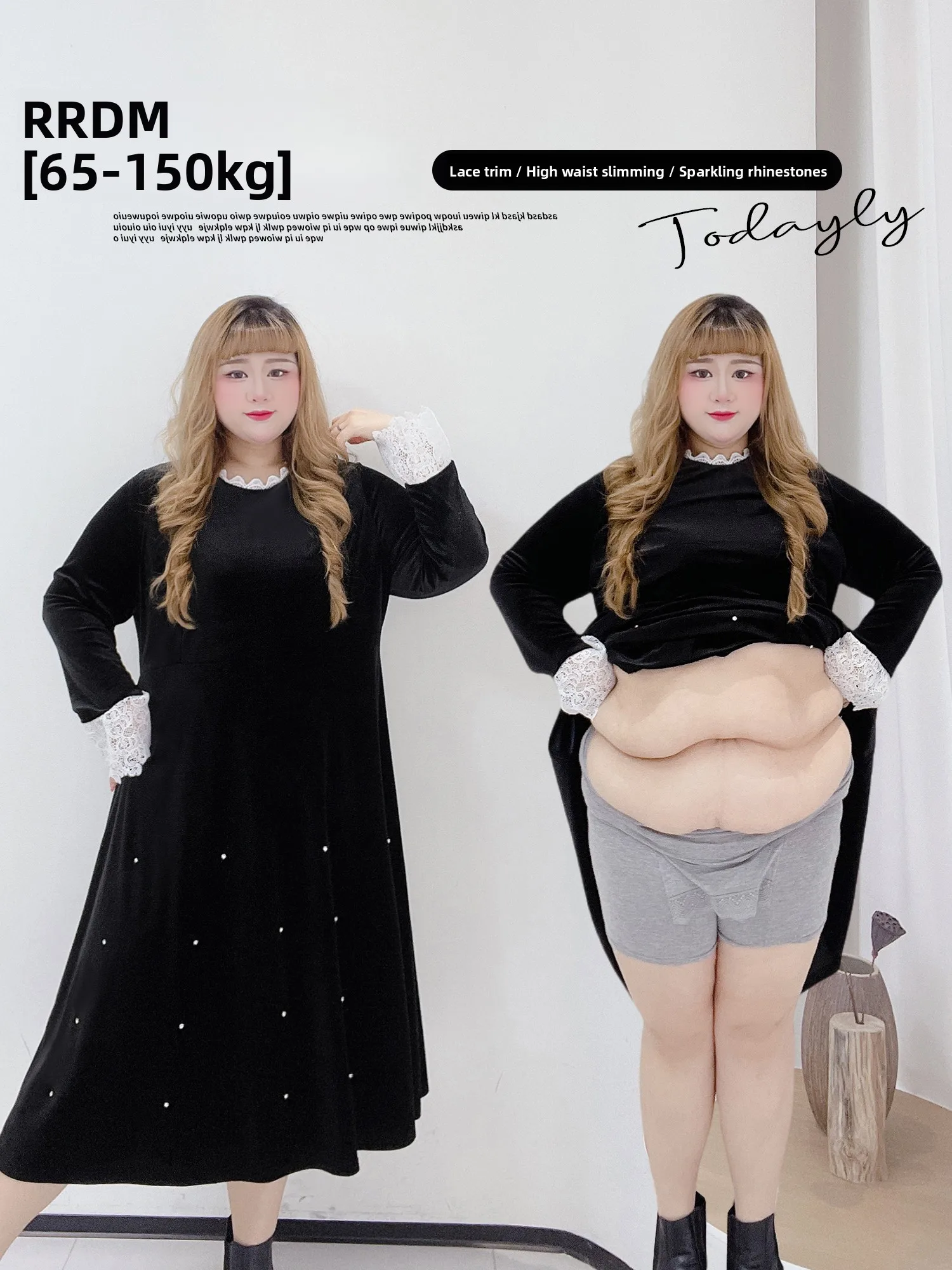

Dark Aesthetic Lace Patchwork High Waist Slimming Long Dress Velvet Diamond Embellished Women's plus Size Spring Dress