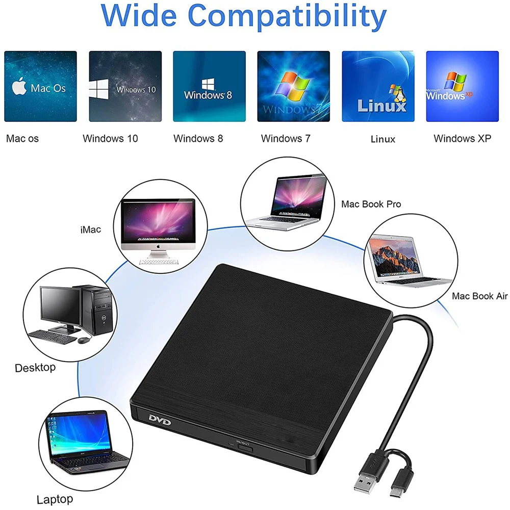 DVD Burner for Laptop, Unidade óptica, DVD Burner, Super Drive, USB, 3.0C-Type, CD externo, RW, Novo