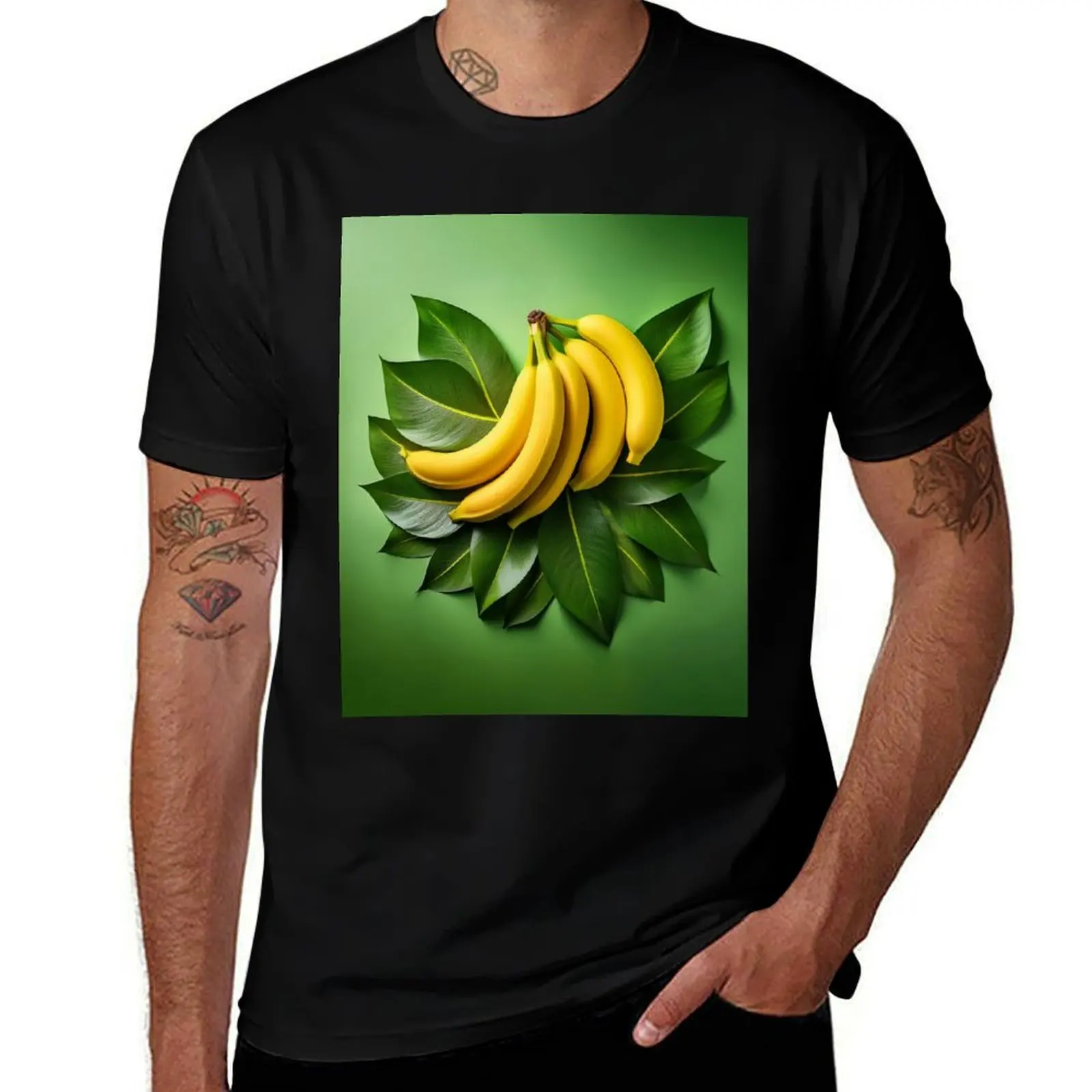 

Organic juicy yellow bananas with leaves on a green background T-Shirt Anime t-shirt men clothes