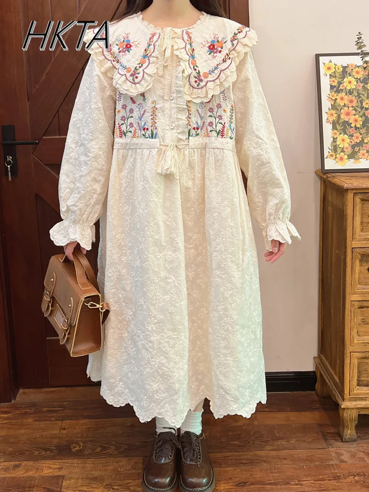 

Mori Vintage Embroidered Doll Collar Long Sleeve Dress Women Loose Lace Fairy Long Dress Lolita Sweet Cute Vacation Dress Girls