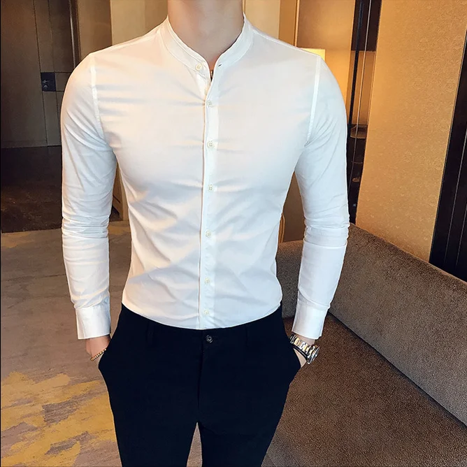 Men Slim Fit Shirt 2024 Autumn Cotton Solid Stand Collar Casual Business Long-sleeved Shirts Male Fashion Camisas Men Clothing