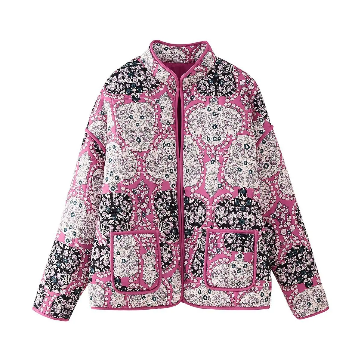 Women Floral Print Jacket 2024 Fashion Long Sleeve Stand neck Quilted Coat Winter Cardigan Pockets Loose Street Coat