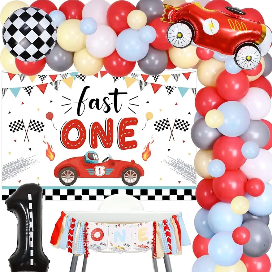 

FUNMEMOIR Fast One Racing Boys' First Birthday Decoration - Vintage Balloon Garland Arch Set High Chair Banner Checkered Balloon