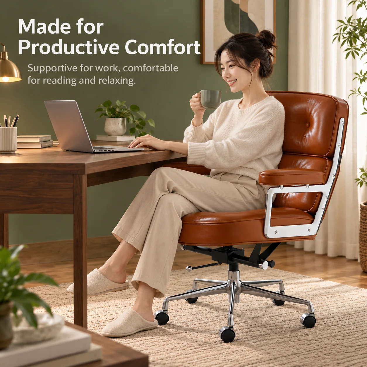 AOLIVIYA Ergonomic Chair Home Retro Oil Wax Study Computer Chair Comfortable Liftable Rotating Office Chair for Boss