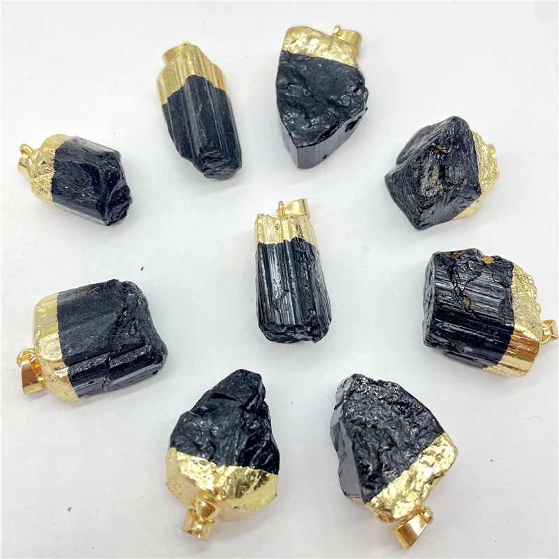 New Natural Gem Stone Black Raw Ore Tourmaline Gilt Irregular Shape Pendant Reiki Healing Energy Jewelry Making Necklace 12pcs