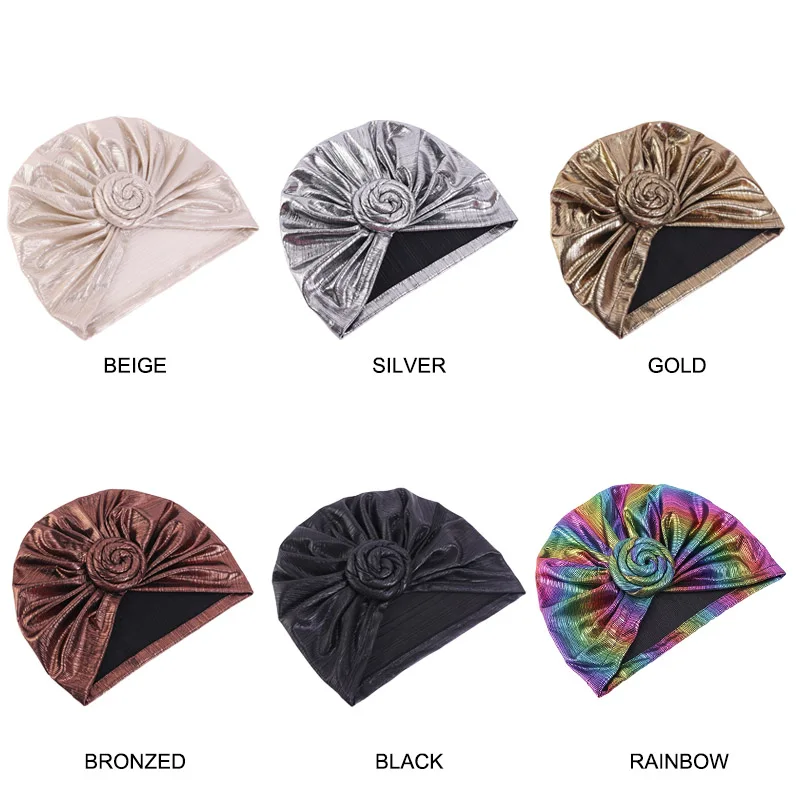 New Women Metallic Crinkle Turban African Stretch Headwraps Hats Pre-Tied Bonnet Turban Knot Hijab Beanie Cap Headwrap Hat