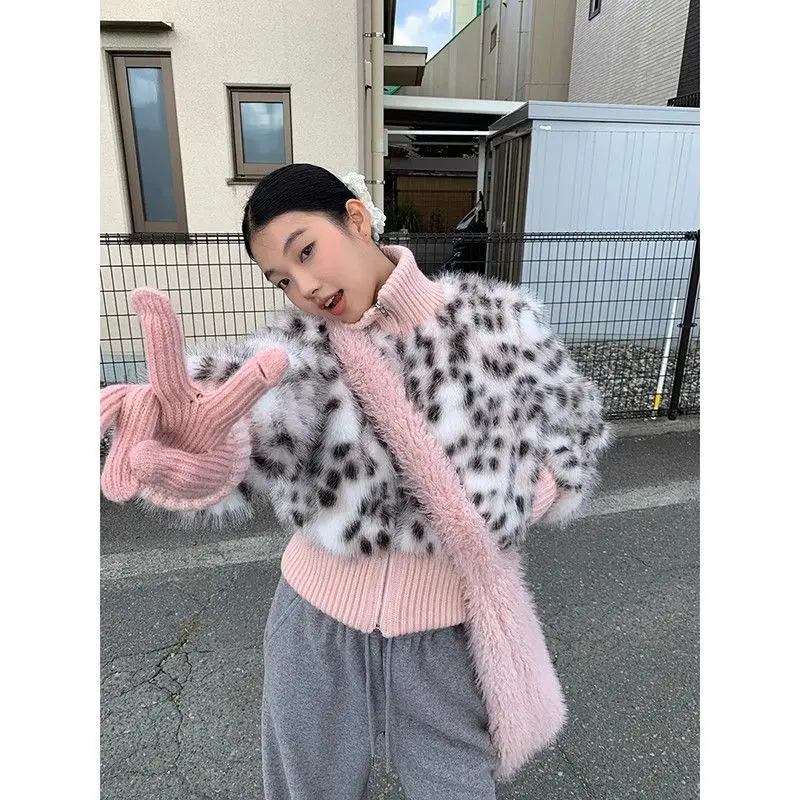 여성용 레오파드 프린트 패치워크 숏 봄버 재킷 두꺼운 폭스 퍼 대비 색상 스탠드 칼라 코튼 코트 지퍼 카디건 탑스