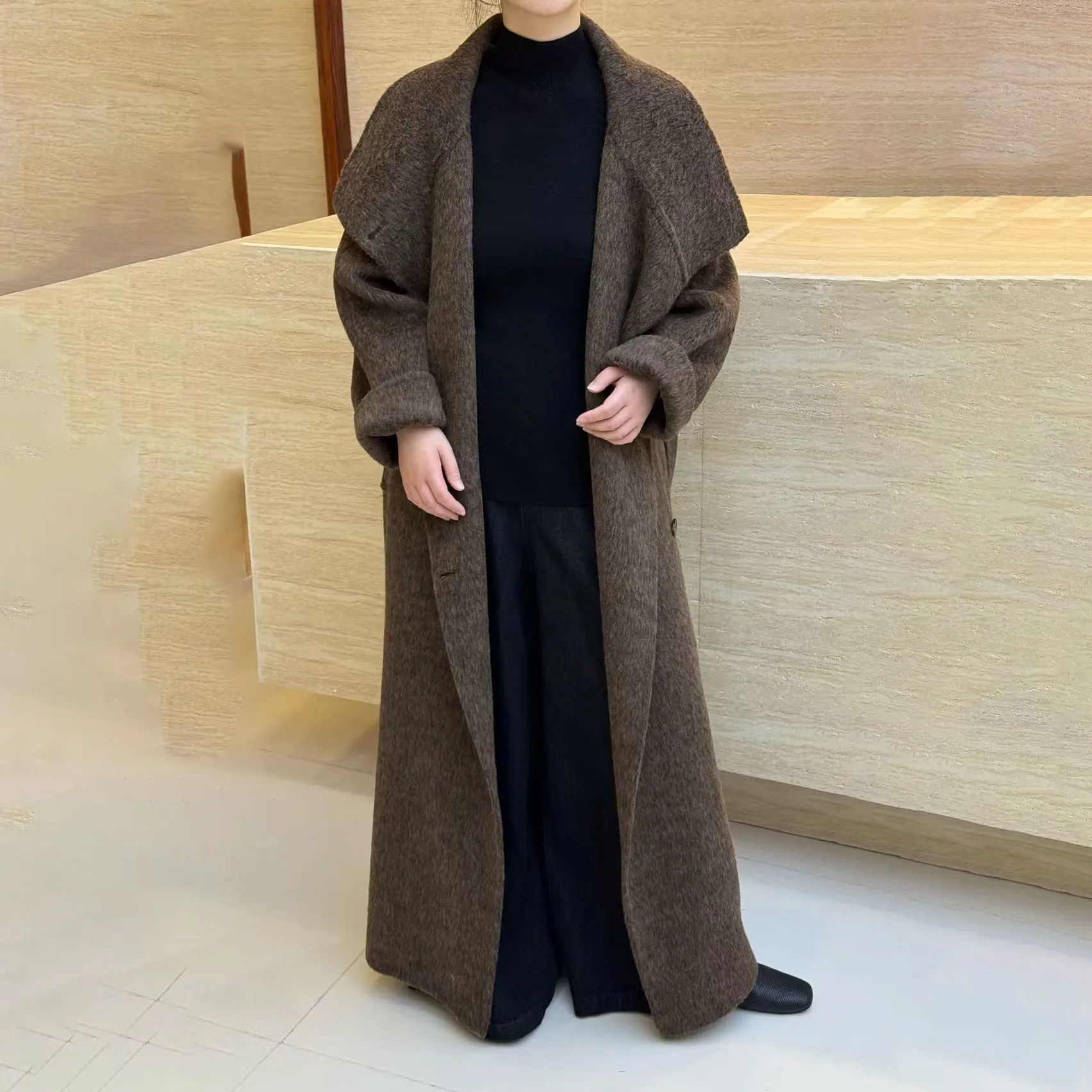 BJTZ Lace-up Tie-waist Single Breasted Long Woolen Coat For Woman 2025 Winter New Loose Versatile Office Lady Temperament Jacket