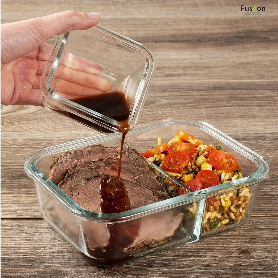 حاويات إعداد الوجبات الزجاجية من Fusion Gourmet مع أغطية [8 عبوات 33 أونصة 4.5 أونصة] صناديق بينتو زجاجية مقسمة مكونة من حجرتين للبالغين