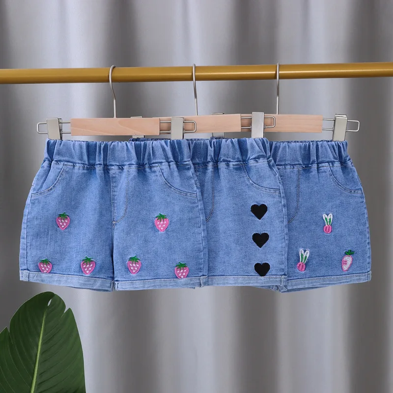 New Summer Girls Love Denim Shorts Teenage Girl Casual Fashion Shorts Kids Children Flowers Embroidery Jean Short for Girls