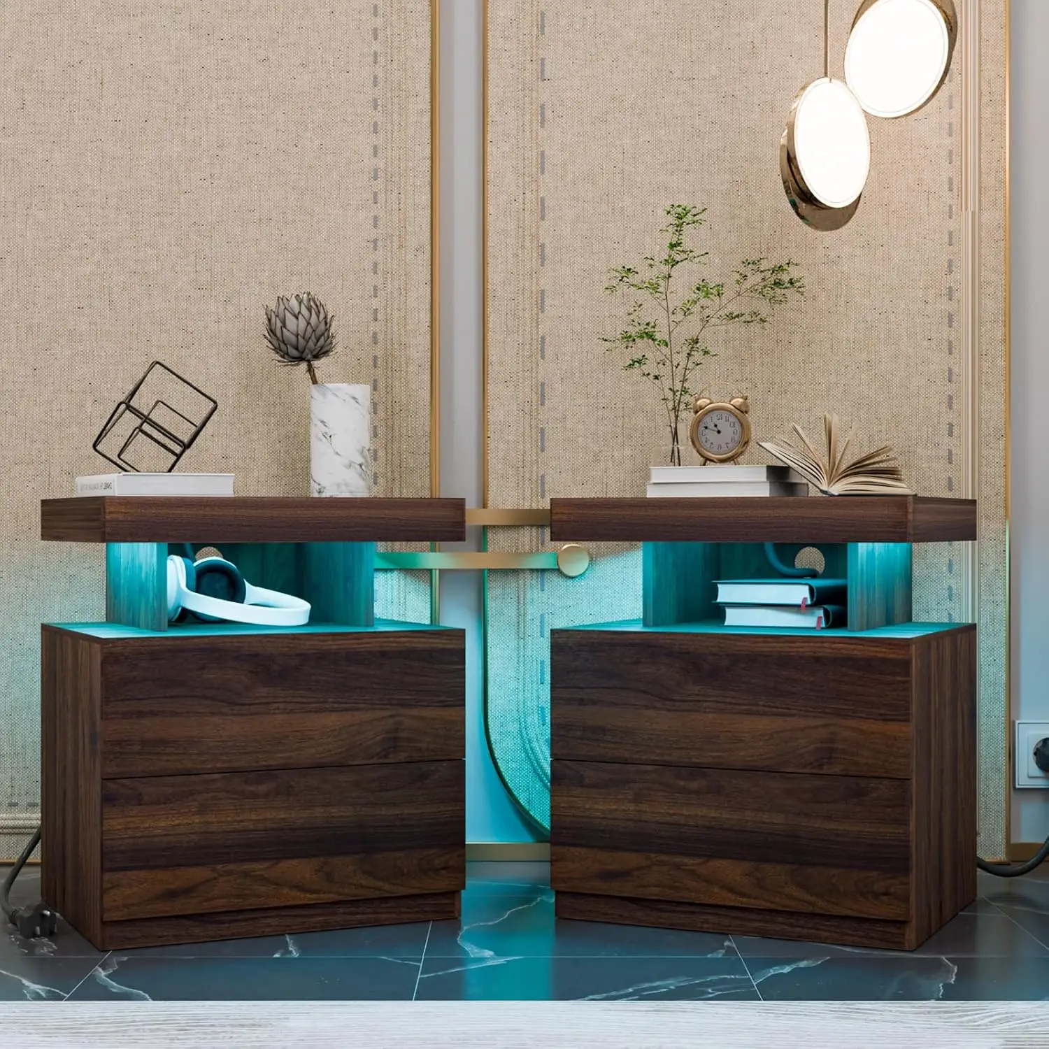 Hommpa Set Of 2 Rustic Nightstand With Wireless Charging Station Led Bedside Table With 2 Drawers End Table With Open Shelf