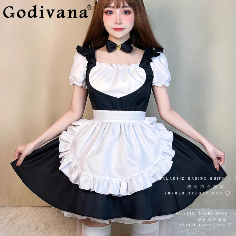 

L-5XL Large Size Lolita Peach Heart Maid Cos Sexy Cat Ear Japanese Dress Summer Sweet Short Sleeve Square Neck Short Dresses
