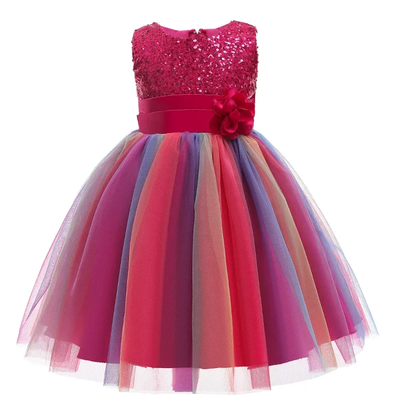 Robe de princesse à fleurs à paillettes pour filles, nœud à la mode, dentelle colorée, maille, carnaval, fête d'anniversaire, performance, 3-12 ans