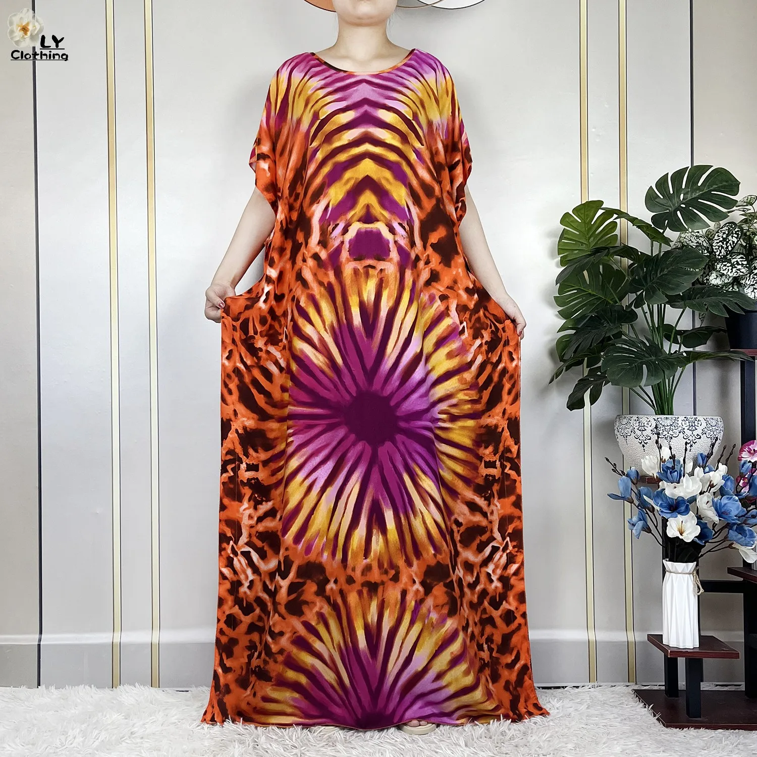 New Fashion Dress Short Sleeve With Big Scarf African Dashiki Printing Tie-dyed Cotton Boubou Maxi Islam Summer Women Loose Robe