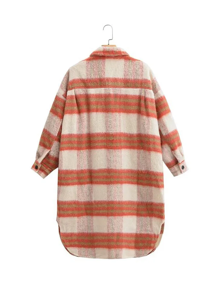 Damski płaszcz zimowy z długim rękawem, kołnierzem, zapinany na jeden guzik, z kieszeniami, dekoracyjny, wełniany, długi płaszcz damski, ciepły płaszcz w kratę do pracy.