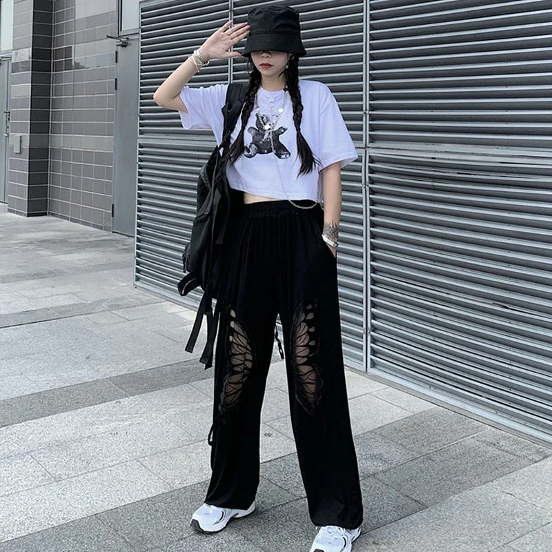 2024 Spring and Autumn High Elastic Waist Black Hollow Butterfly Print Long Harem Pants New Loose Casual Pants Women Fashion