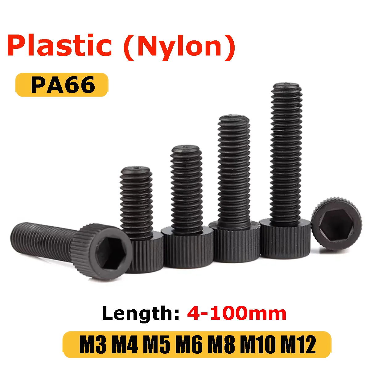 M3 M4 M5 M6 M8 M10 M12 Black Nylon Plastic DIN912 Hexagon Hex Socket Cap Head Allen Bolts Screw Length L=4-100mm