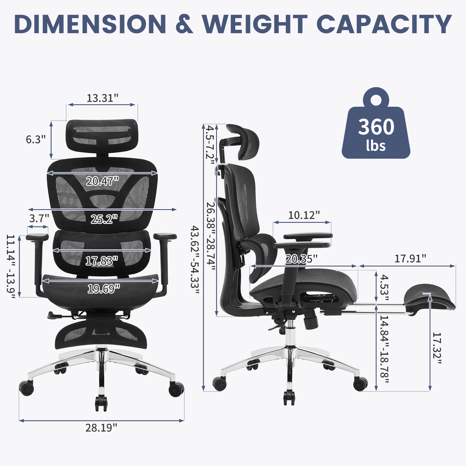 Ergonomische bureaustoel, bureaustoel met hoge rugleuning en voetsteun, dynamische lendensteun, verstelbare hoofdsteun 90-125 °   Verstelbare rugleuning