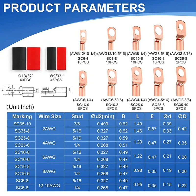 150 Stuks Terminal Connectors, Koperdraad Lugs, Gebruikt Op AWG12-10 8 6 4 2 Kabel, 64 Stuks Batterij Lugs Uiteinden, 86 Stuks Krimpkous