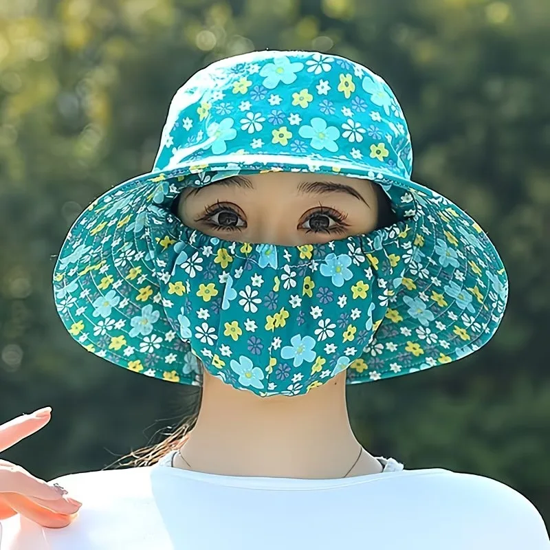 1-2PCS  Women‘s Sun Hat with Face Mask Floral Leaf Pattern Wide Brim UV Protection for Outdoor Hiking Gardening Beach