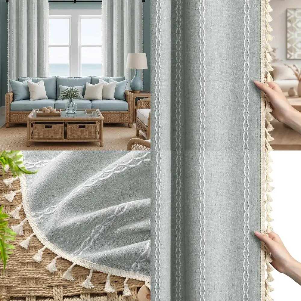 84 rideaux Boho en lin vert clair avec glands, broderie pour salon, style ferme