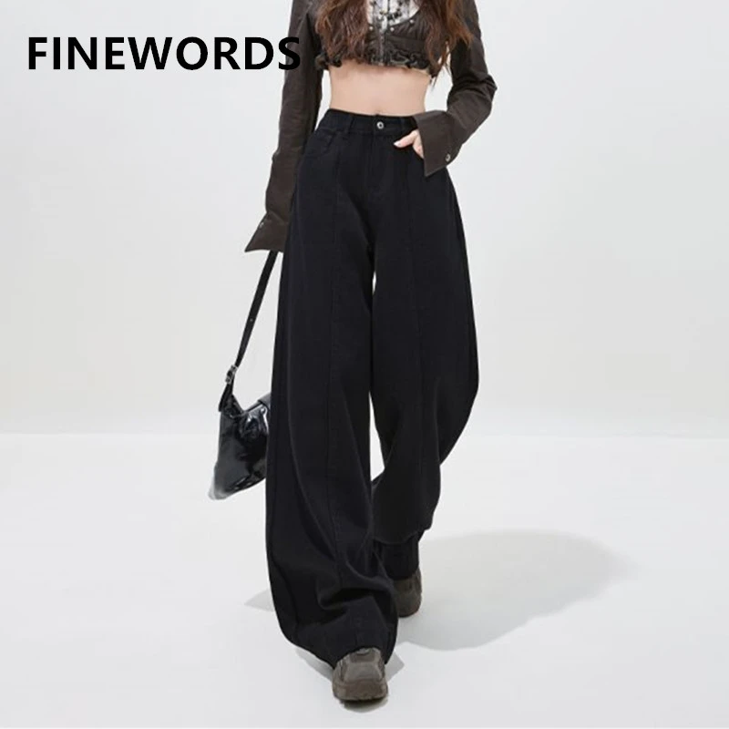

Женские широкие джинсы FINEWORDS с высокой талией, черные, свободного кроя, повседневные, в уличном стиле