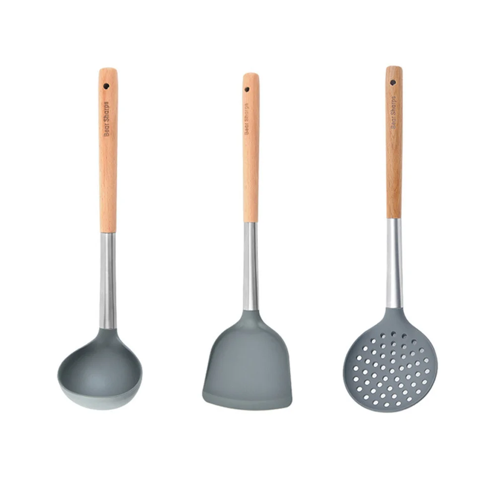 

Premium Beech Silicone Kitchen Tool Set Grey Heat Resistant Non-Stick Coating Easy Clean Home Cooking Utensils