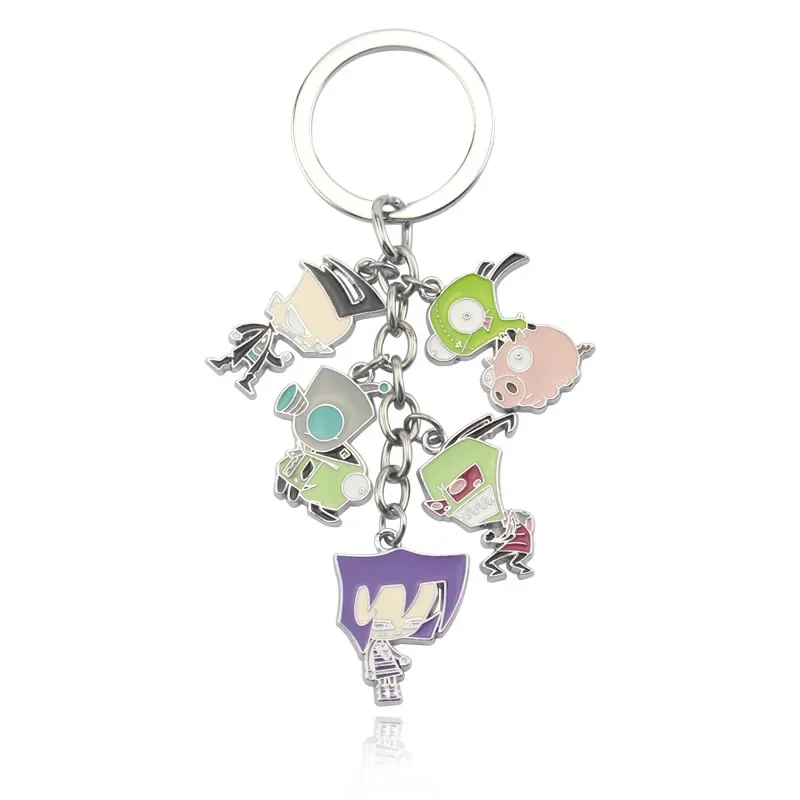 Invader Zim 5 In 1 Alloy Metal Car Key Ring Holder Figures Keychain Cosplay Prop Accessory Trinkets Charms Gift