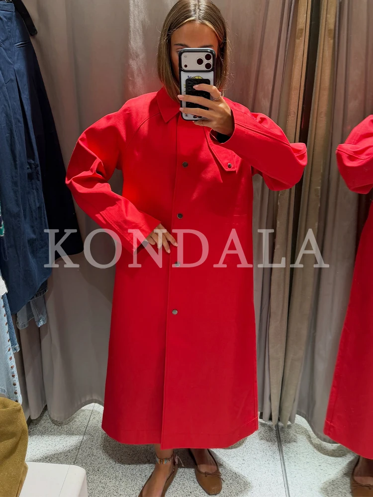KONDALA Damen Lässiger Eleganter Roter Langer Trenchcoat für Pendler und High Street, Trendiger Trenchcoat 2026 Herbst Schicker Minimalistischer Mantel mit Knöpfen – Detail 2