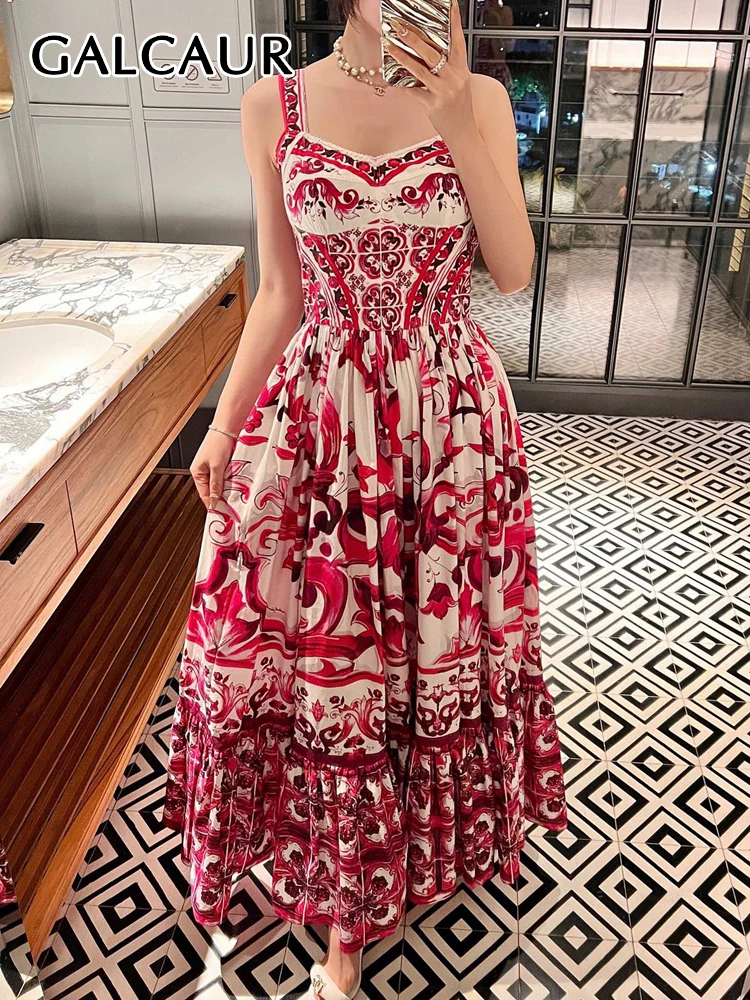 

GALCAUR Vintage Camisole Dresses For Women Square Collar Sleeveless High Waist Tunic Printing Hit Color Pleated Dress Female New