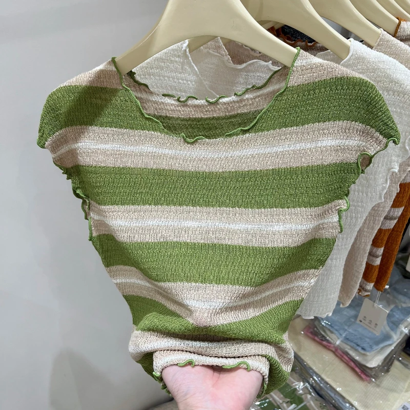 2026 Summer New O-Neck Striped Knitted Women T-shirt Stylish Ruffled Edge High Waist Slim Fit Crop Top Thin Ice Silk Solid Tee
