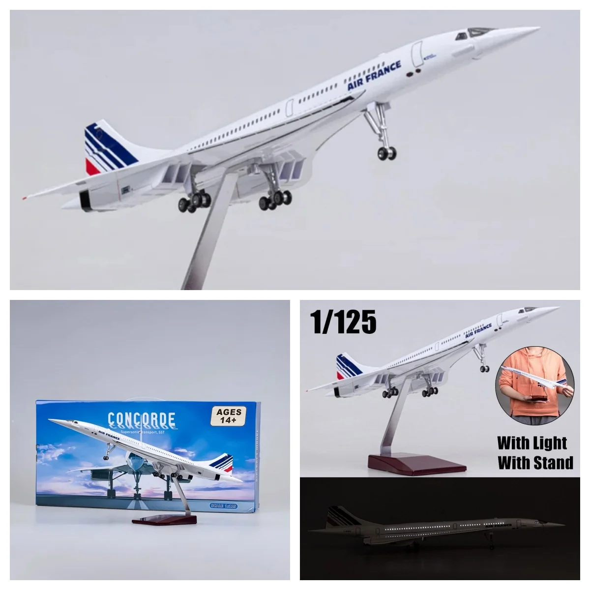 50cm 1:125 Scale Resin Diecast Air France Concorde With Light And Wheel Plane Model Airplane Aircraft Collection Display