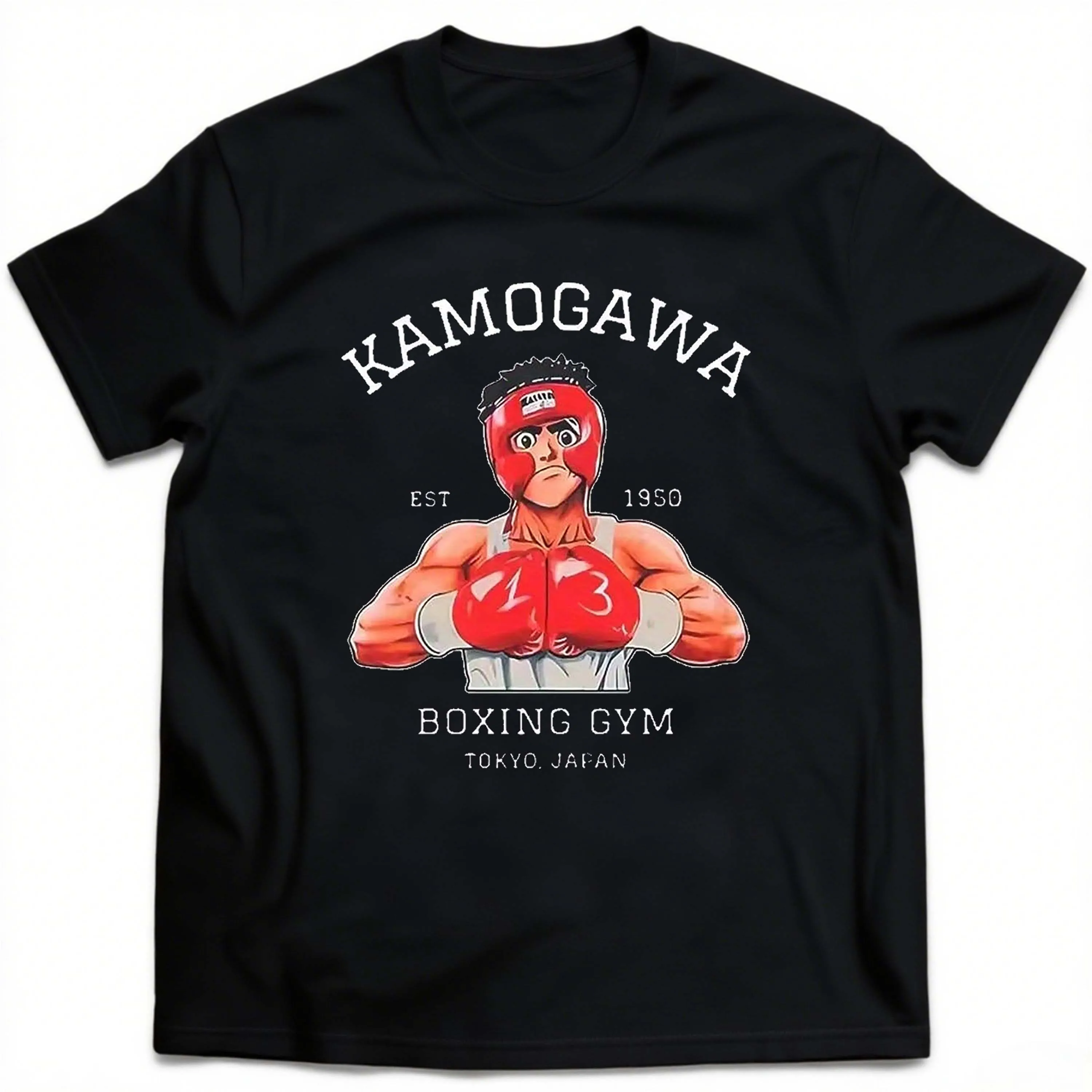 Grote maten zwart T-shirt met korte mouwen, bokspatroon en "Kamogawa" bedrukt, geschikt voor vrijetijdskleding in de zomer