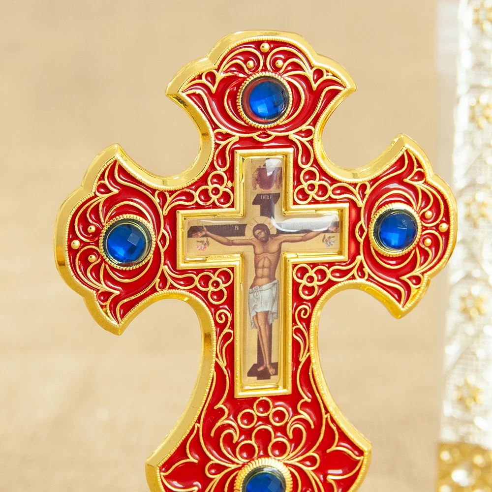 HTISOK Ostorthodoxes Kreuz Jesus-Kruzifix Christliches Standkreuz mit Sockel für Kirchen- und Heimdekoration Religiöse Artikel – Detail 9