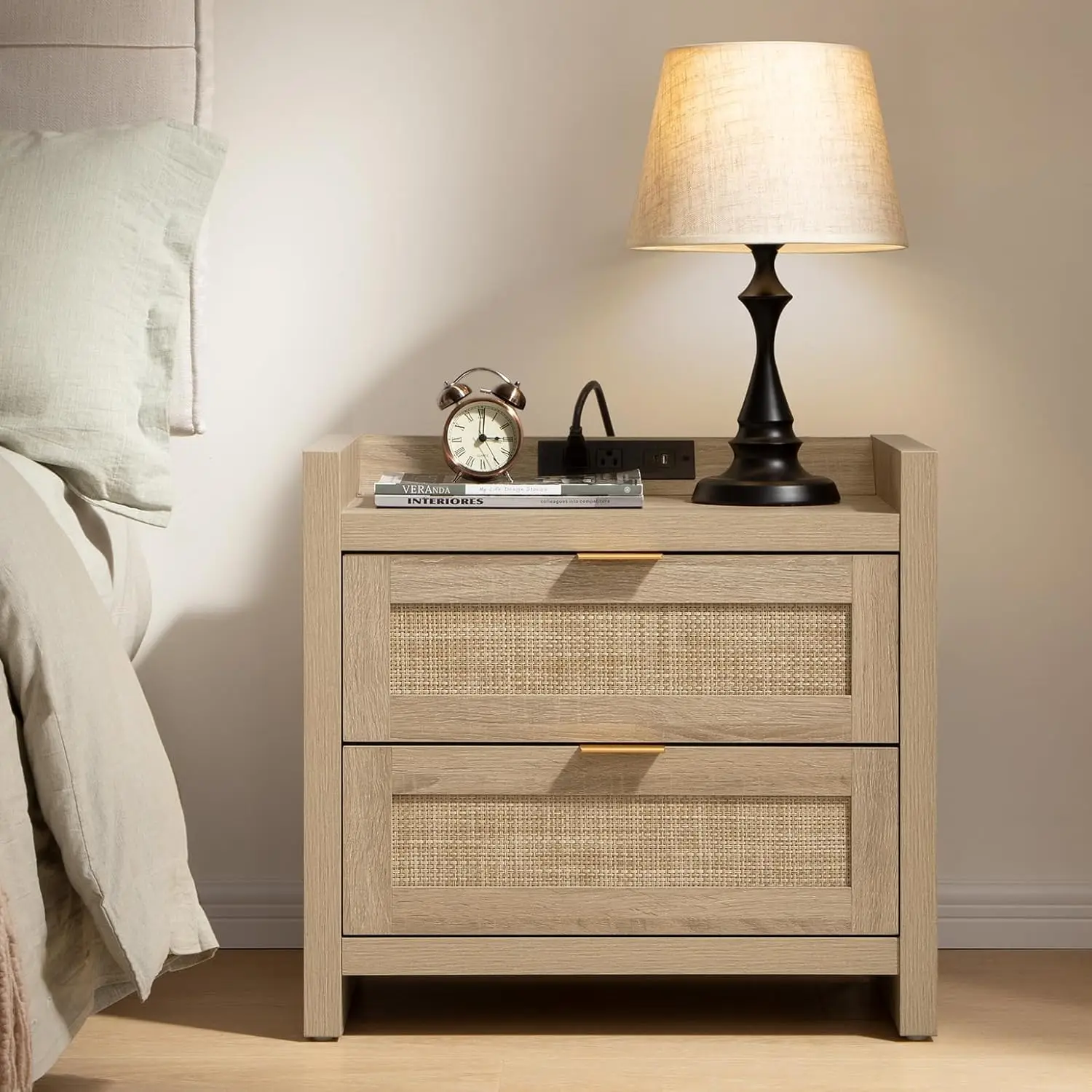 

Rattan Nightstand Bedside Table - Night Stand with Type-C Charging Station, 2 Drawers Storage - Boho Night Stands, Customized