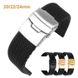 20 22 24mm Soft Silicone Black Strap Tire Pattern Bracelet Waterproof Sport Rubber Watch Band Universal Metal Fold Buckle Band