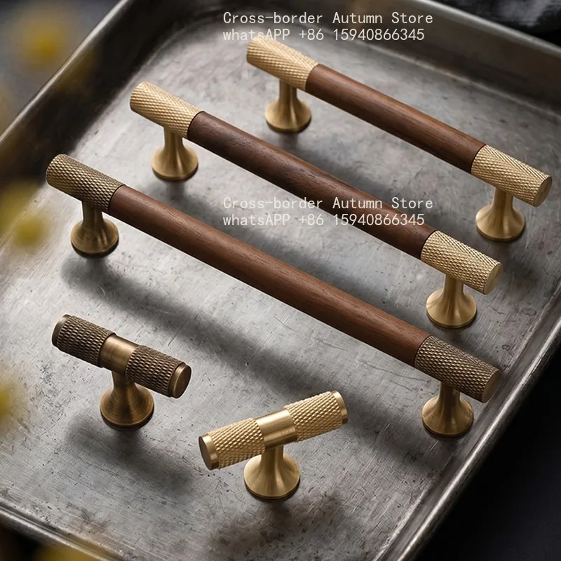 New Chinese brass wardrobe door handle, light luxury cabinet drawer shoe cabinet walnut knurled handle