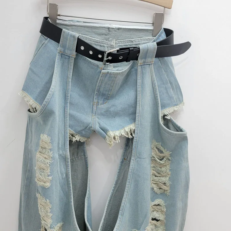 DEAT Fashion Women's Worn-out Hole Belt Denim Pants Splicing Low Waisted Shorts Two-piece Set Female 2024 Autumn New 11A01141