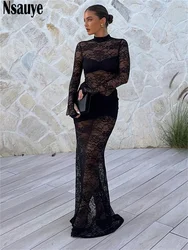 Nsauye Solid Lace Hollow Out See Through Bodycon Long Dresses Fashion New 2024 Winter Party Evening Pullover Maxi Dress Vestidos