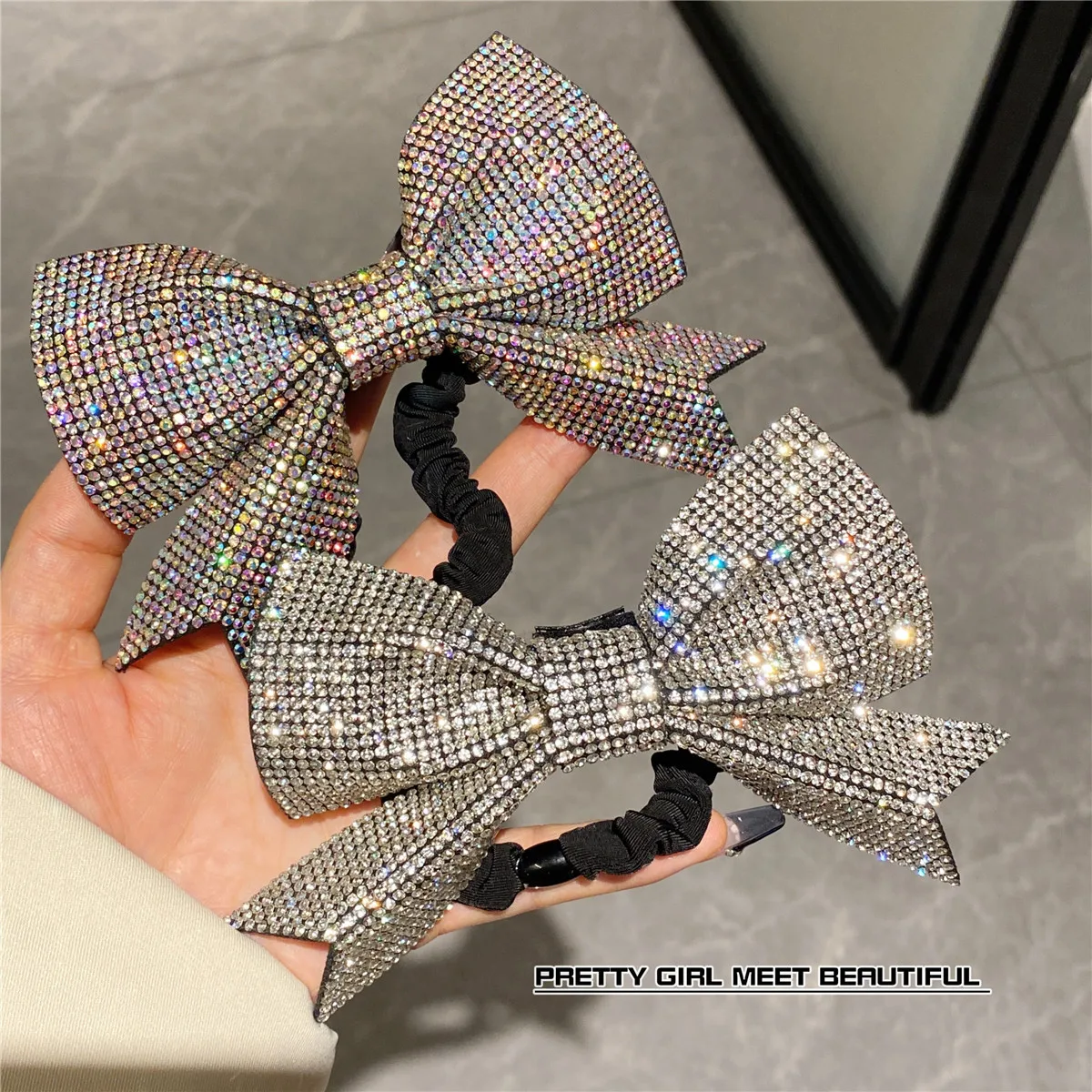 Birthday Party Crystal Zircon Bow-knot Elastic Hairband Hair Rope for Women Luxury Rhinestone Colorful Gemstone Elastic Hairband