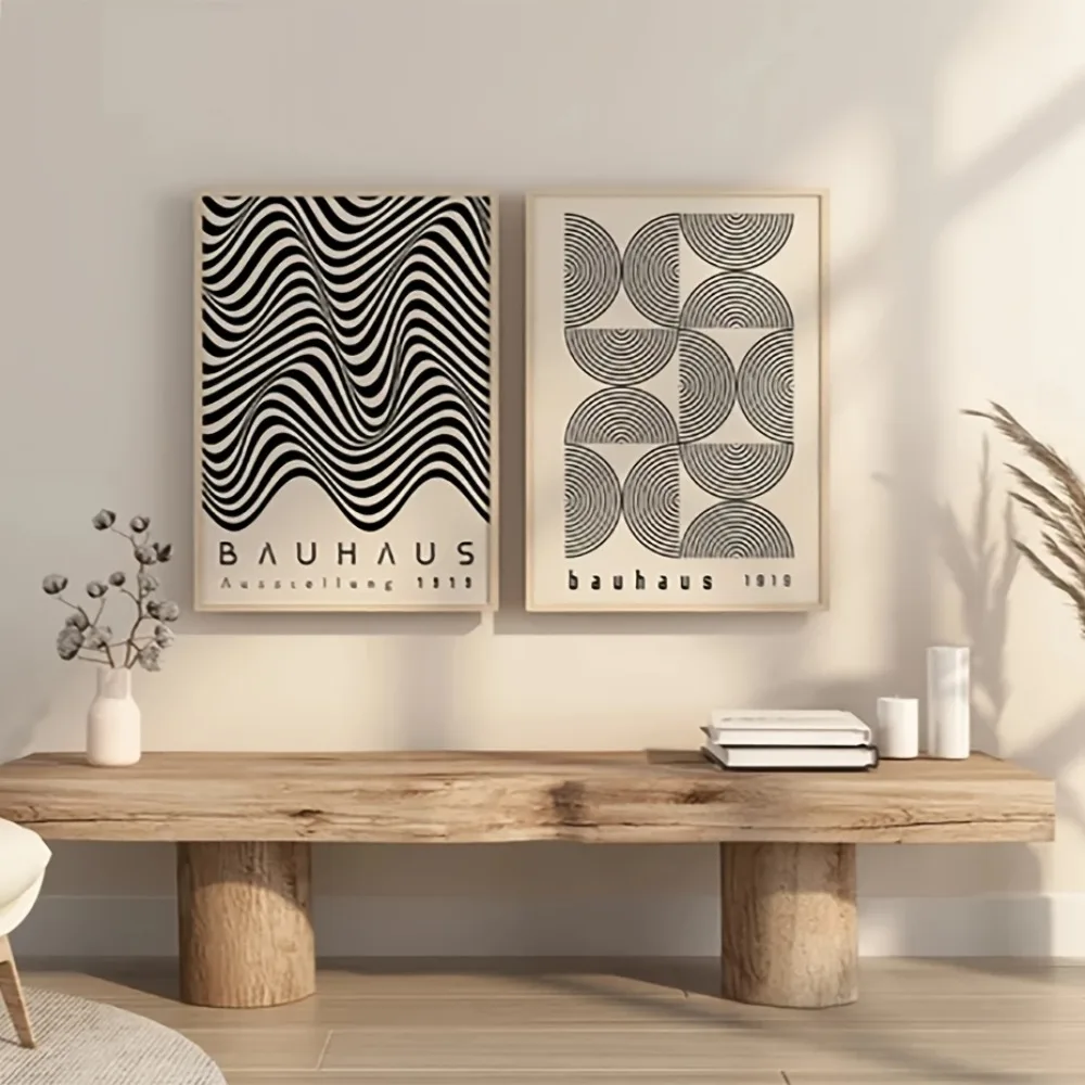 Two Retro Bauhaus Style  Black and White Canvas Paintings for Modern Home Bedroom Living Room Art Decoration Wall Frameless