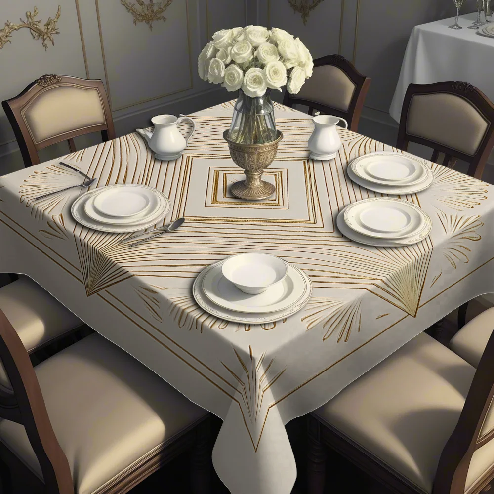 A square tablecloth with a light beige textured pattern and a sophisticated creative print.