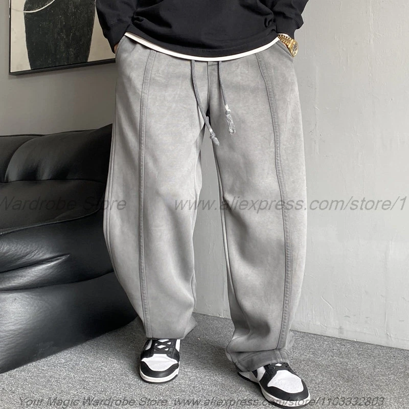 2026  Leisure Retro Distressed Post-Apocalyptic Wasteland Style Dirty Gray Sweatpants Men's Straight Loose Sports Wide-Leg Pants