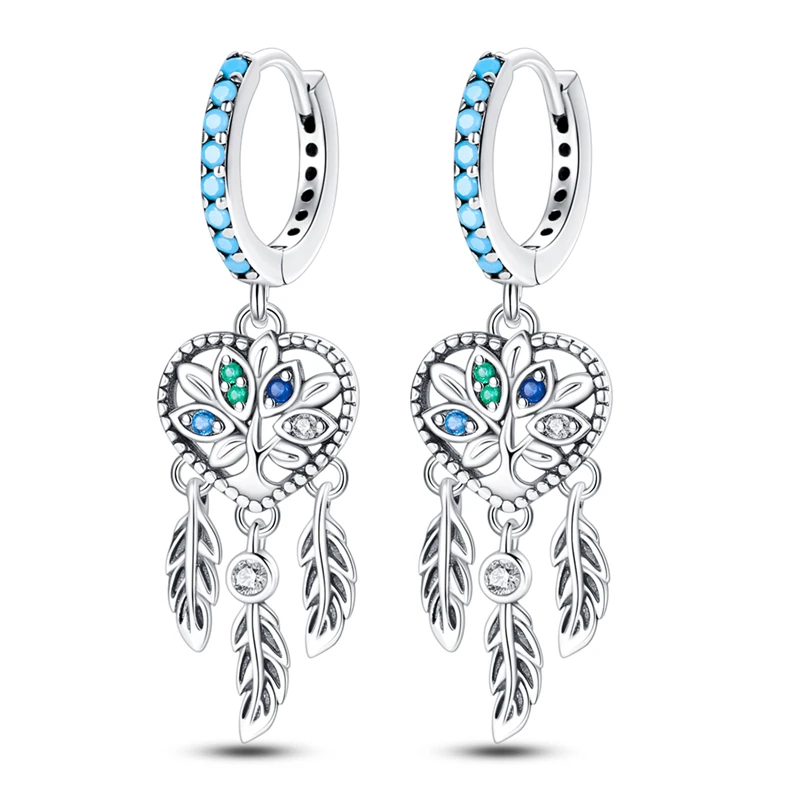 Pendientes de aro de Plata de Ley 925 originales, atrapasueños, pendientes de árbol de la vida en forma de corazón para mujer, regalos de joyería fina de cumpleaños