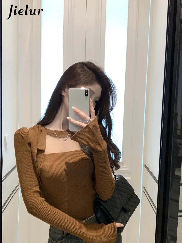 Jielur Spring Korean Fashion Knitted Sweater Y2k Crop Tops Women Casual Long Sleeve Elegant Slim Pullovers Outwear Office Lady