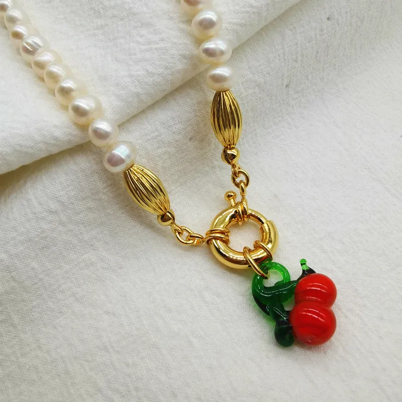 

New Summer Fresh Glazed Cherry Collarbone Chain Female Freshwater Pearl Brass Gold-Plated Fashion Personality Ladies Necklace