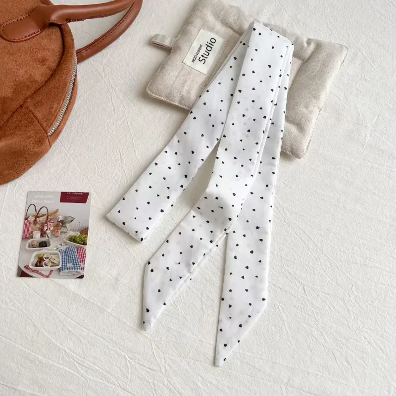 New 130×4.5CM Narrow Long Scarf Vintage Korean Style Sweet Small Heart Printed Ribbon Neckerchief Headband Versatile DIY Choker