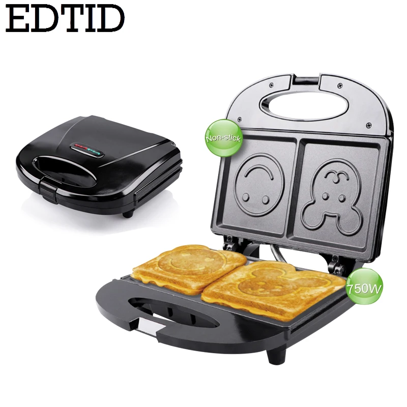 Máquina de sándwich para el hogar de 110V, 750W, máquina para hacer sándwiches con gofres, cara sonriente, bonita máquina para pan tostado, sartén calefactora de doble cara