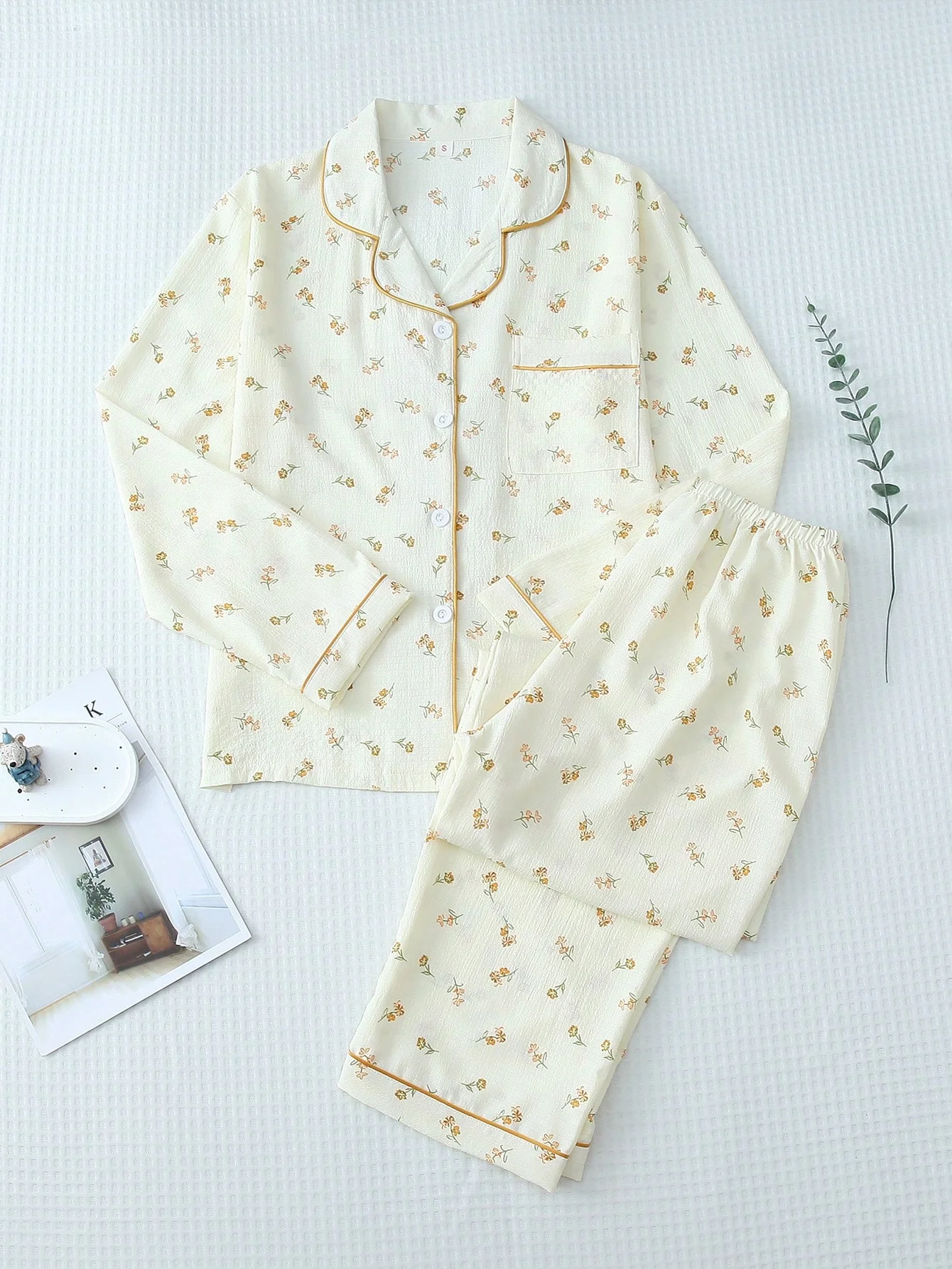 

Женский пижамный комплект оранжевого цвета с цветочным принтом, топ с длинными рукавами и лацканами на пуговицах и длинные брюки, повседневный комплект одежды для сна, подходящий для домашнего использования