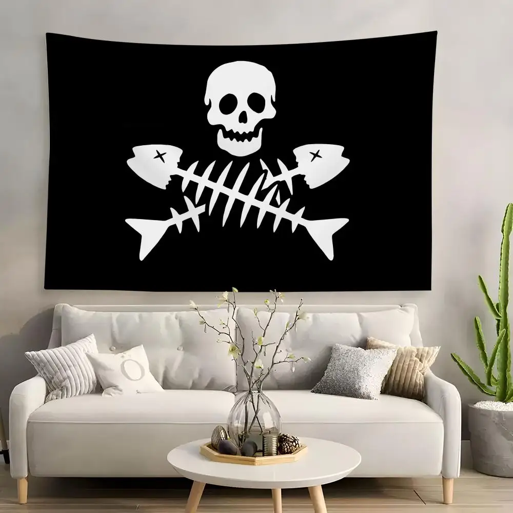 COOL Black Pirate Fish Tapestry Custom Home Living Room Bedroom Wall Decor Wallpaper Backdrop Cloth With Clips